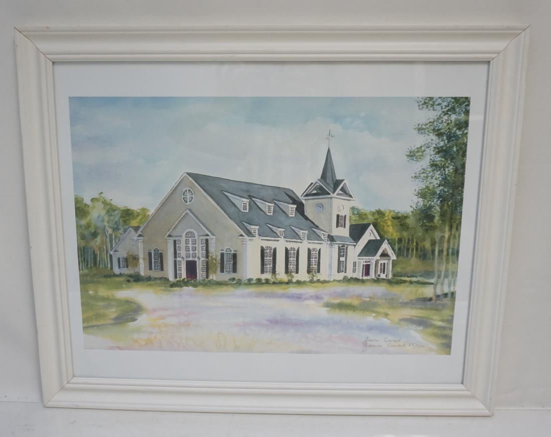 JANICE MARION COWARD WATERCOLOR LITHO: Janice Marion Coward Limited Edition Church Watercolor Lithograph. Signed and numbered in pencil by the artist lower right 25/100. In white wood frame measures 22 1/2"x18 1/2"x1". Weight 3 pds 9 oz. J