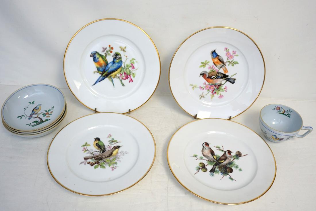 9 PC BIRDS COPELAND & BAVARIA: 4 Various Mid Century Bird Dessert Plates 8 1/2" by Josef Kuba, Wiesau Porcelain Factory and Decorating Shop, West Germany. 4 Small Bowls 5 1/4" and 1 Teacup 2 1/4" by Copeland Spode in the Queen's Bi