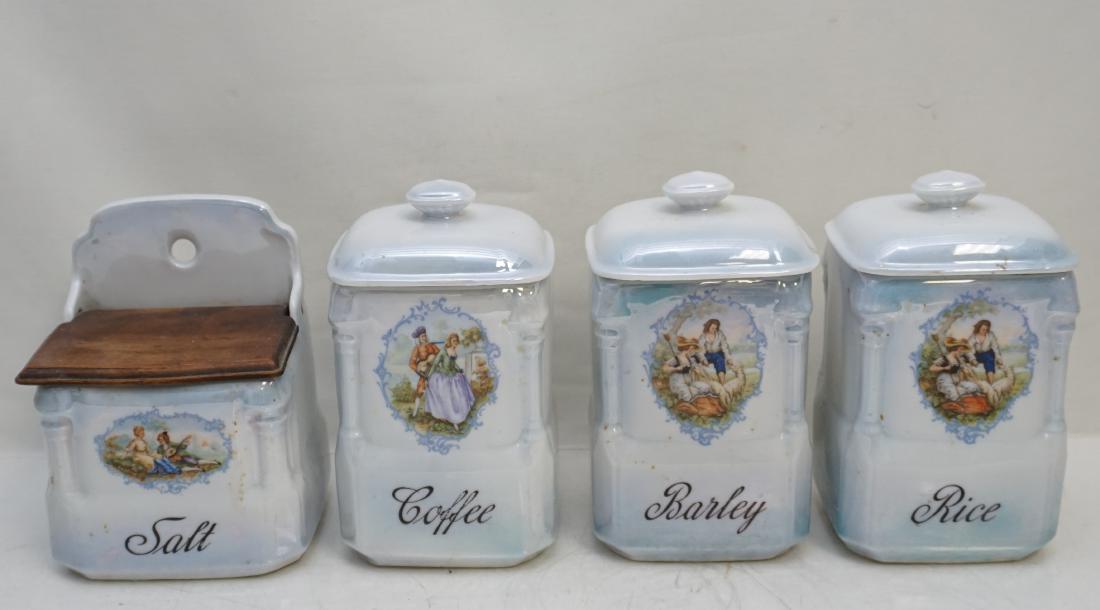 CZECH VICTORIA CHINA CANISTER SET: Vintage Czech Victoria China Porcelain Canister Set. Rice, Barley, Salt and Coffee. All in a pearl luster with romantic transfers. Coffee measures 7 1/2" for reference. Weight on all 6 pds 3 oz. PROVE