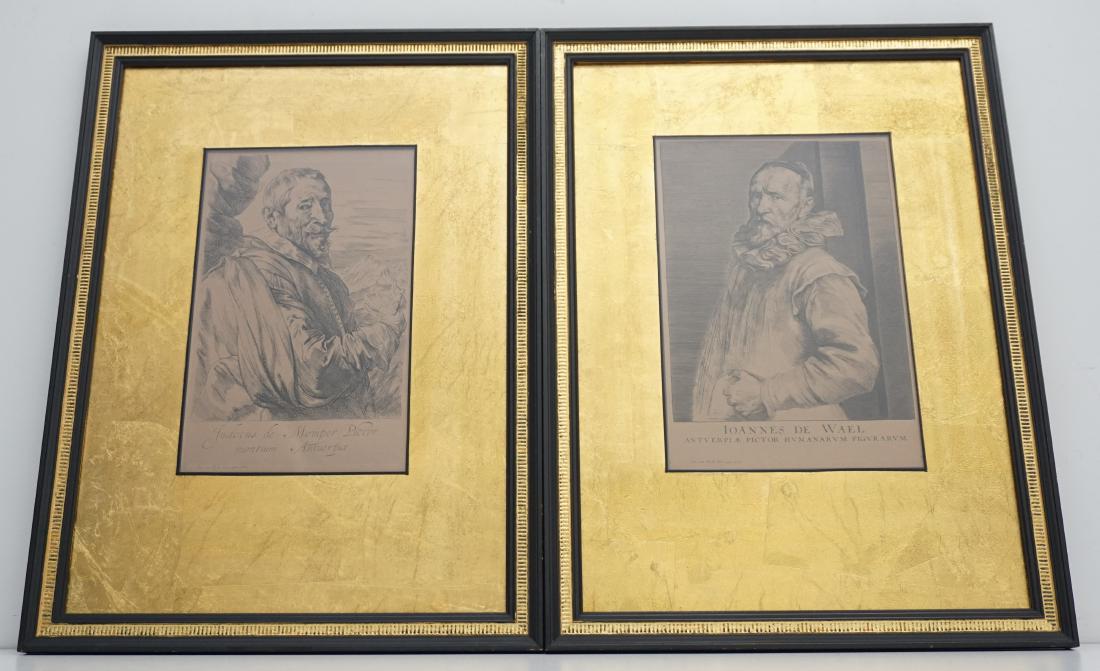 SET OF 2 VAN DYKE ETCHINGS: Both in matching frames with gold leaf mats. All etchings after Van Dyck from the Iconography. 1- Portrait of Ioannes de Wael - Portrait of Jan Baptist de Wael, half-length turned to the left but look