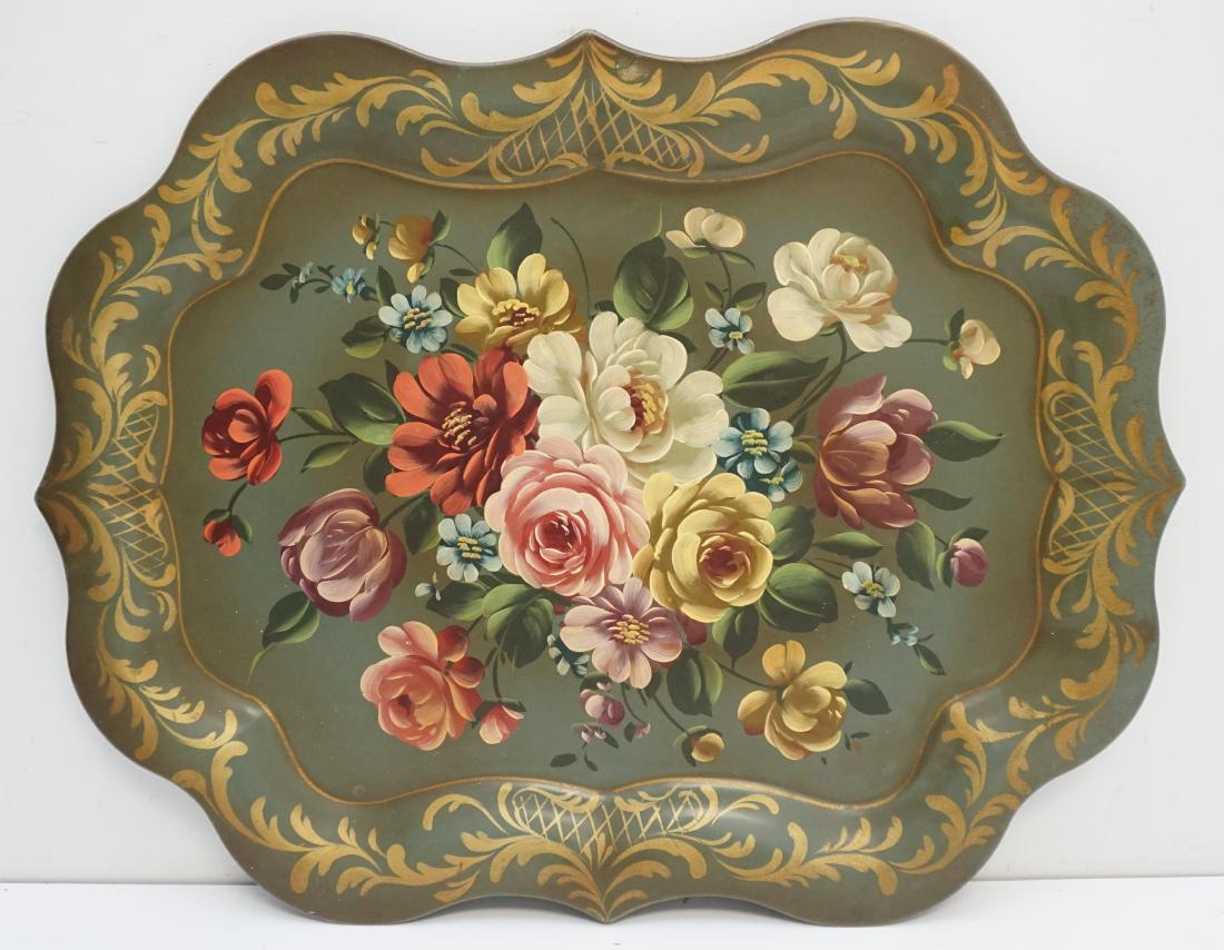 HAND PAINTED TOLE TRAY: Vintage Art Gift Hand Painted Deep Sage Green Tole Tray. Produced by Art Gift Products in Philadelphia PA. c 1950-60. Measures 25"x19"x1". Weight 2 pds. PROVENANCE: A Private Charleston SC Estate.