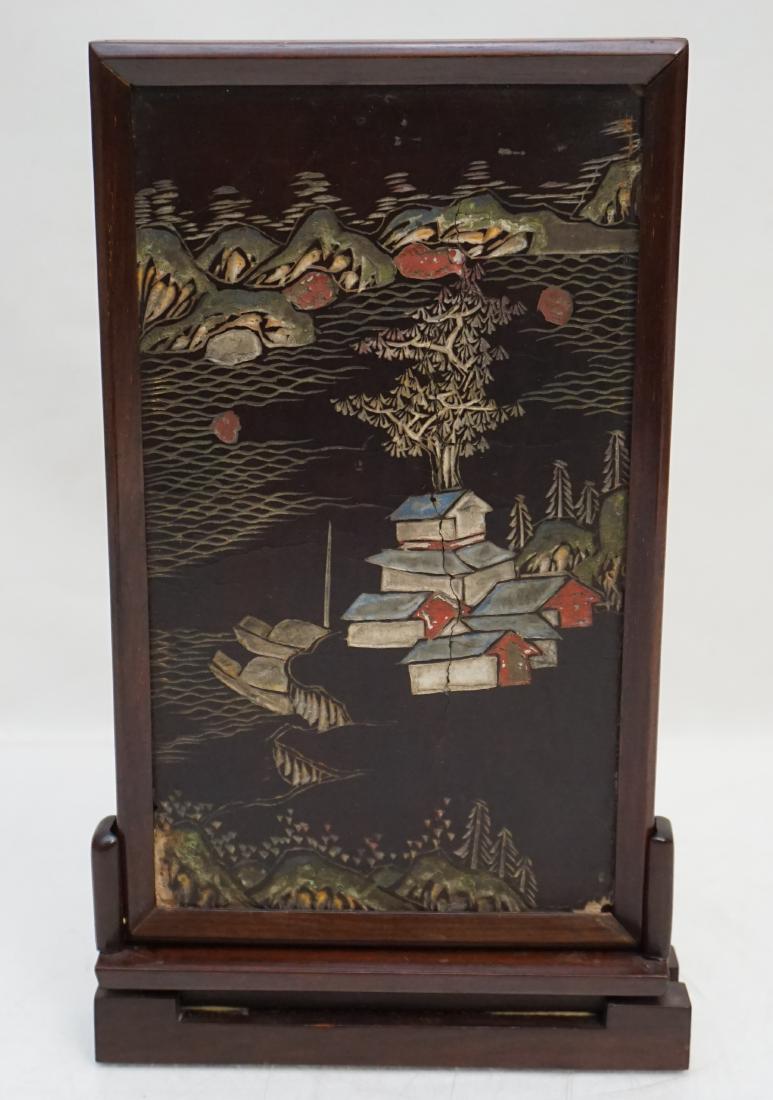 SMALL LACQUER TABLE TOP SCREEN: Small Older Chinese Lacquer Table Top Screen with stand. Measures 6"x1 1.4"x10". Weight 8 oz. PROVENANCE: A Private Charleston SC Estate.