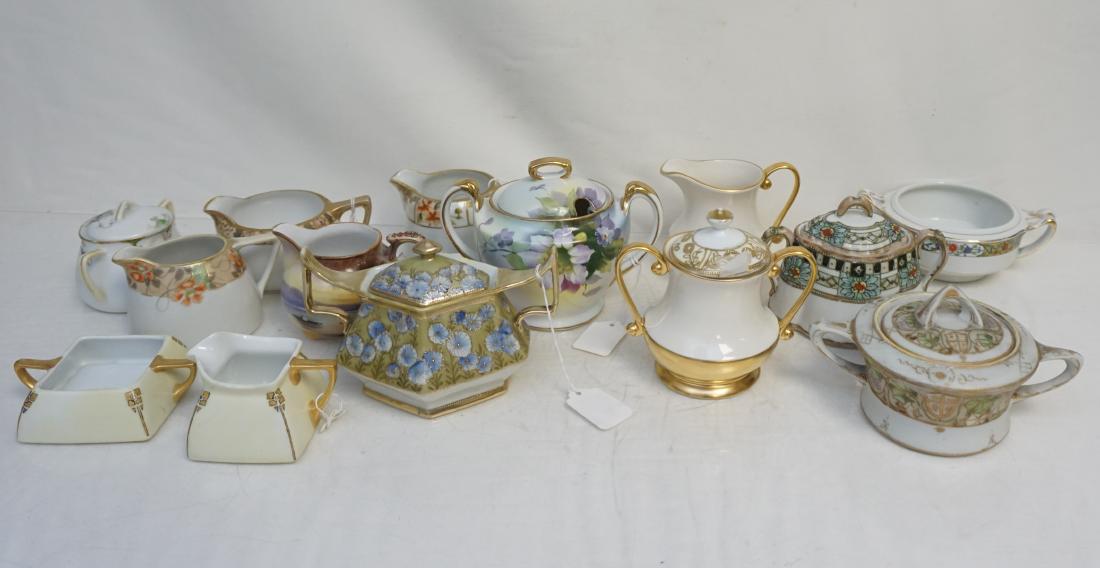 15 PC PORCELAIN CREAM & SUGAR: 15 Various Vintage Cream & Sugars. Most are hand painted Nippon and Morimura Noritake, 1 set by Pickard. Most unmatched. Weight on all 7 pds 10 oz. PROVENANCE: A Pawleys Island SC Private Estate.