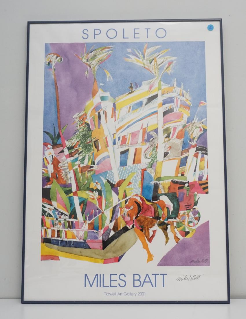FRAMED 2001 SPOLETO MILES BATT POSTER: Framed Contemporary Charleston Spoleto Print 2001, Cruise Ships and Carriage Horses by Miles Batt from Tidwell Art Gallery. Signed in pen by the artist. Miles Batt, of Fort Lauderdale, Florida, is nat