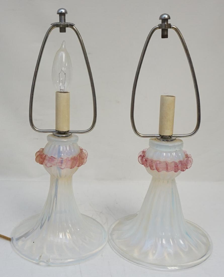 2 OPALESCENT GLASS BOUDOIR LAMPS: Matched Pair Vintage Italian Opalescent Glass Boudoir Lamps. With applied ribbon accents. Each 6 1/2"x6 1/2"x 13 to top of harp. No Shades. Loss to one ribbon. One needing to be rewired. Weight 3 pds