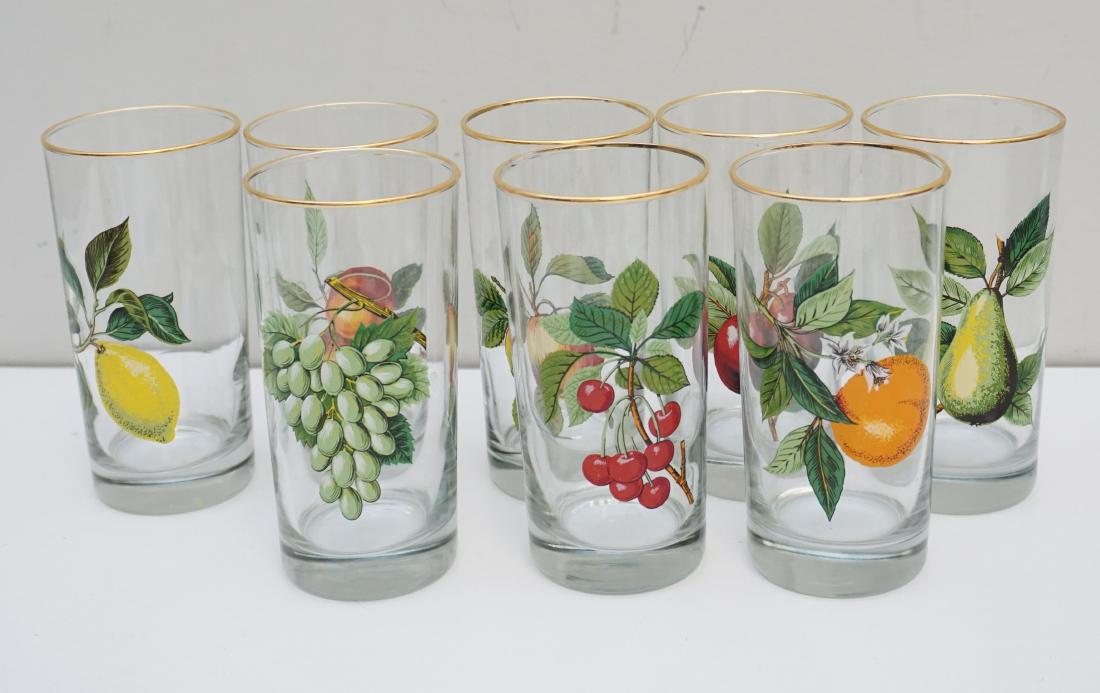 1960s RETRO FRUIT TUMBLERS: Eight Vintage 1960s Retro Fruit Transfer Tumbler / Collins Glasses with gold rims. Each 2 3/4"x5 1/2". Weight on all 5 pds 5 oz.