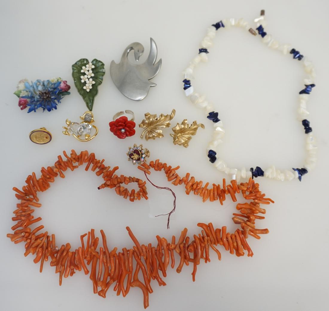 10 PC VINTAGE ESTATE JEWELRY SWAROVSKI +: 1- Swarovski Crystal Memories Moon Child Brooch in Original Box. 2- Natural Branch Coral Necklace, needs to be restrung 16". 3- Flower Petal Ring adjustable 950 silver, in box. 4- MOP and abalone neck