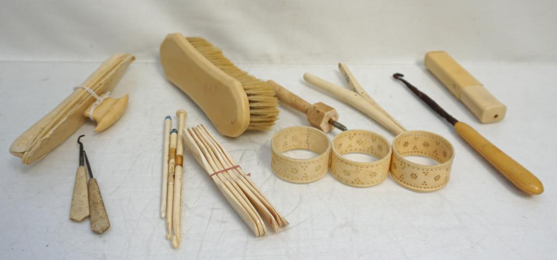 12 pc CELLULOID & BONE GROUP: Glove Stretcher, Brush and Nail Buffer, Dress Hook, 6 Canape Spoon / Spreaders, 3 Napkin Rings, 3 Crochet hooks. Weight on all 14 oz. PROVENANCE: A Private Charleston SC Estate.
