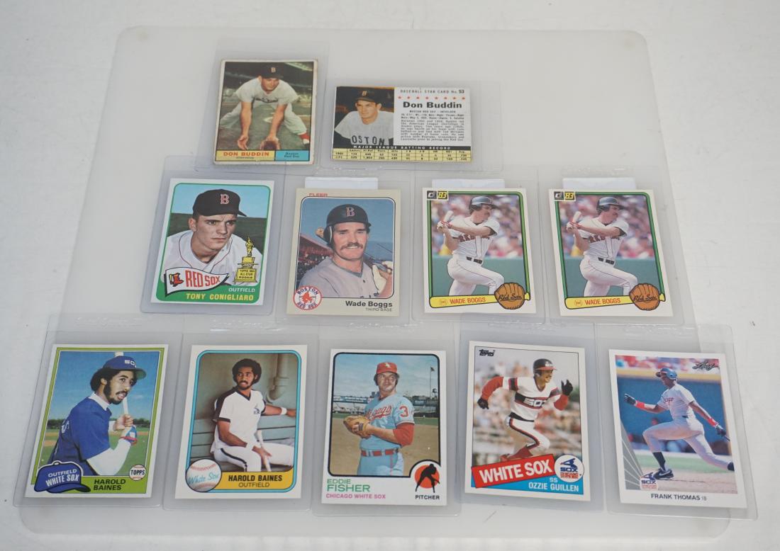 11 VTG WHITE SOX - RED SOX CARDS: All are Vintage Boston Red Sox and White Sox. All are in sleeves. All are in excellent condition. 1- 1965 Topps #55 Tony Conigliaro. 2- 1983 Fleer Wade Boggs #179 Rookie Card 3 & 4- Two 1983 Donruss #