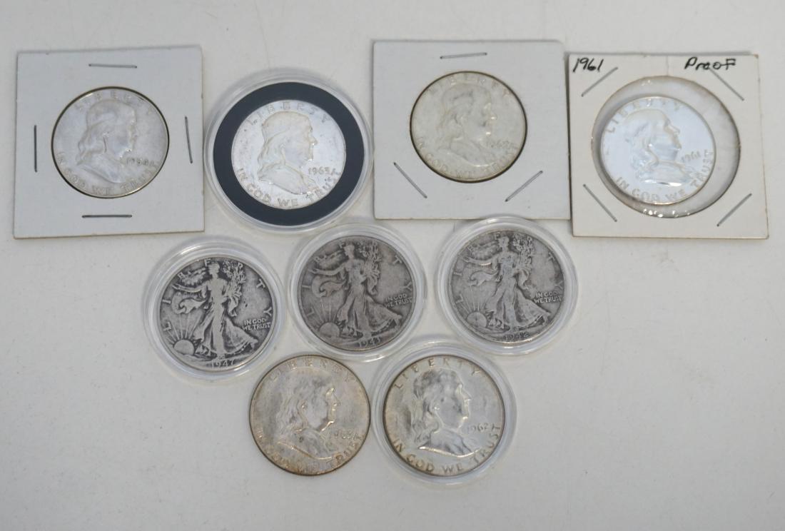 3 WALKING LIBERTY & 6 BEN FRANKLIN HALF DOLLARS: Three Walking Liberty Half Dollars 1942, 1943 and 1947. Six Benjamin Franklin Half Dollars 1 1954, 1 1961 Proof, 1 1962 and 3 1963. PROVENANCE: A Charleston SC Private Estate
