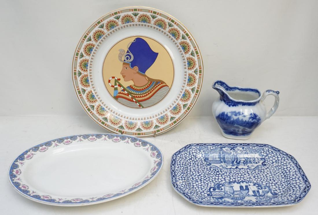 4 pc ANTIQUE / VINTAGE JUG + PLATES: 1- c. 1900 Burgess & Leigh Middleport Pottery Flow Blue Jug Non Pareil, 5". 2- Vintage William Adams featuring blue and white transferware in the Chinese Bird pattern based upon a pattern first introd