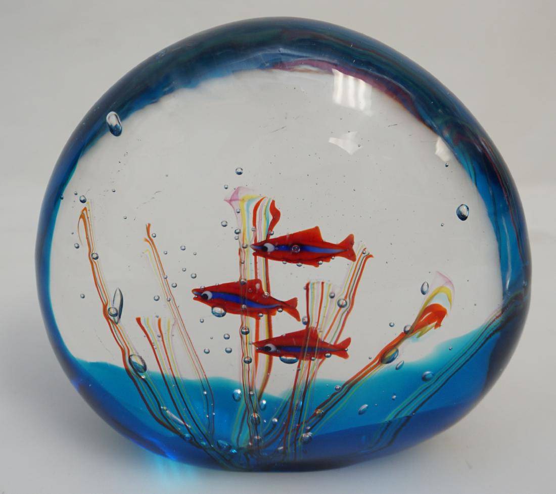 ELIO RAFFAELI MURANO GLASS AQUARIUM: Elio Raffaeli (b. 1936) for Ogetti Murano large art glass aquarium sculpture. Neon Tetras and Colorful Seaweed encased inside solid glass "fish bowl". Artist signature etched on bottom. Measures 6 3/4