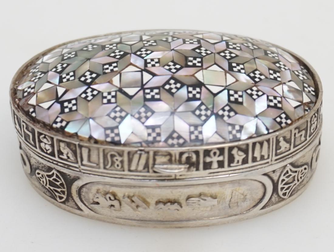 EGYPTIAN 800 SILVER MOP INLAID BOX: Stunning vintage trinket / pill box features fine mother of pearl inlay on a hand-stamped 800 silver box. The markings confirm that this Egyptian creation was produced after 1946. Measures 2 1/2"x1 3/