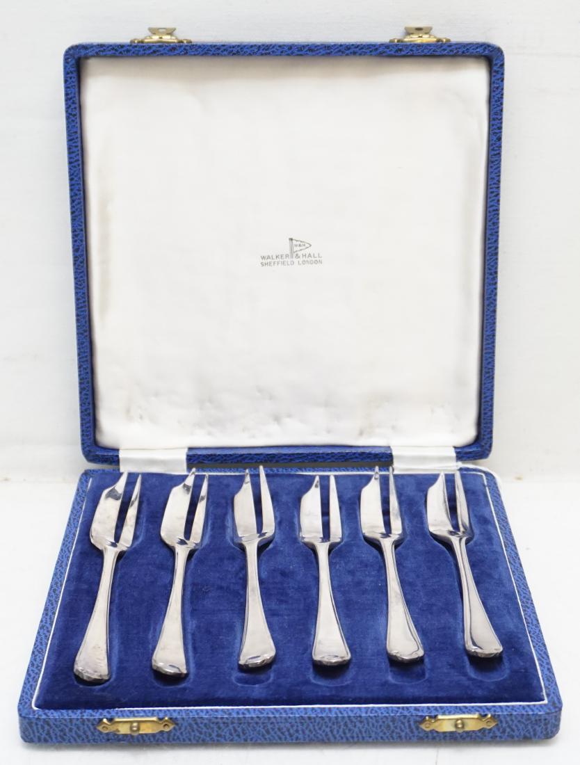 CASED SET ENGLISH CAKE FORKS - WALKER & HALL: Art Deco Era Cased Set of Six Plated Cake Forks by Walker and Hall. Original presentation case, all in excellent condition. Each Fork measures 5.50. PROVENANCE: A private collection Manchester, Englan