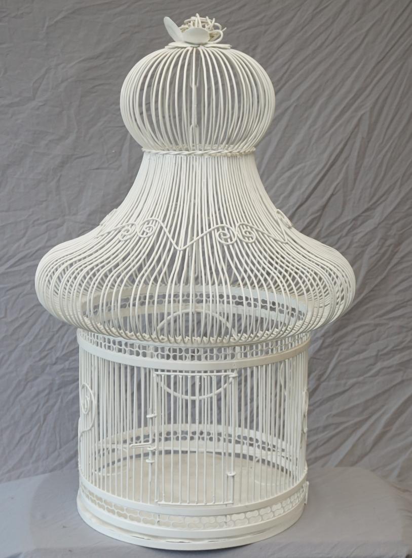 VINTAGE WHITE WROUGHT IRON WIRE BIRD CAGE: Large Antique French Victorian White Wrought Iron Birdcage. Measures 21"x21"x33" without chain. Chain measures 33". Weight 12 pds. PROVENANCE: A Private Pawleys Island SC Estate. **ALL FURNITURE & LAR