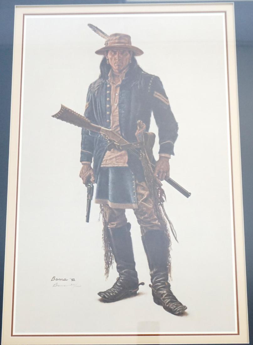 JAMES BAMA LITHO NATIVE AMERICAN: Limited Edition Lithograph by James Bama. Crow Cavalry Scout. Pencil signed and numbered 316/1000. Professionally framed and Matted. Measures 23"x30"x1 1/2". Weight 9 pds 7 oz. PROVENANCE: A Private C