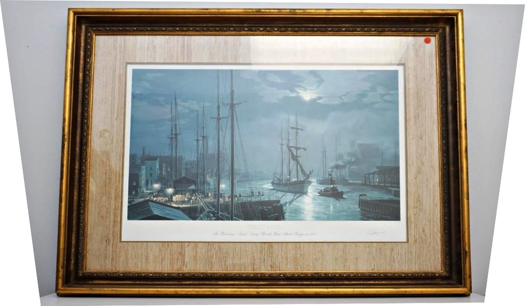 LARGE JOHN STOBART THE BARKENTINE LITHO: Large Framed Chicago:The Barkentine -Towing Past the Rush Street Brush in 1872 Â” by John Stobart. Hand signed and numbered 538/950 color lithograph. Professionally framed and matted at the gallery