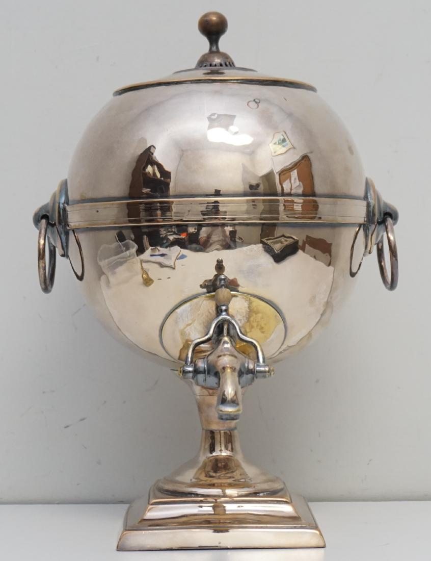 ENGLISH GEORGE III TEA URN: Antique Georgian Old Sheffield Plate on Copper Tea / Hot Water Urn. Purchased at Polk Place Antiques in Nashville. Measures 9 1/2"x12"x17". Weight 6 pds 4 oz. PROVENANCE: A Charleston SC Private Estat
