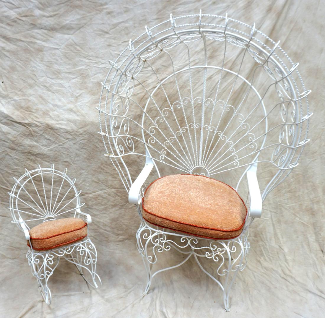 2 PC SALTERINI MID CENTURY WROUGHT IRON: Classic Salterini Mid Century Garden Chair and Childs Rocker. With ornate wrought iron twisted wire fan peacock back. Custom brocade cushions. These are handcrafted from wrought iron. Decorative scrol