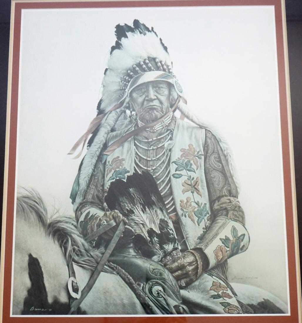 JAMES BAMA LITHO NATIVE AMERICAN: Limited Edition Lithograph by James Bama. The Oldest Living Crow Indian. Pencil signed and numbered 915/1500. Professionally framed and Matted. PROVENANCE: A Private Charleston SC Estate. **ALL FURNIT