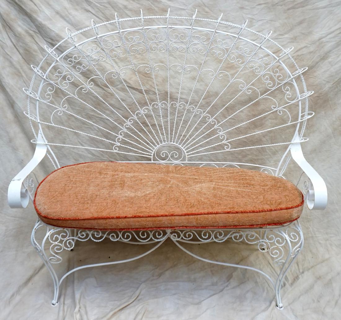 SALTERINI MID CENTURY PATIO BENCH: Classic Salterini Mid Century Patio Bench. With ornate wrought iron twisted wire fan peacock back. Custom brocade cushion. This bench is handcrafted from wrought iron. Decorative scrolls made of twist