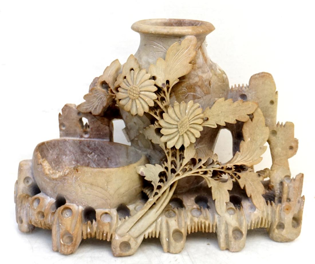 CHINESE SOAPSTONE WASH POT / HOLDER: Chinese soapstone calligraphy Wash Pot and Brush Holder with Intricate Hand Carved Detail. Chip to wash pot. Hairline to back. Measures 8"x3"x6". Weight 3 pds 9 oz. PROVENANCE: A Charleston SC Private