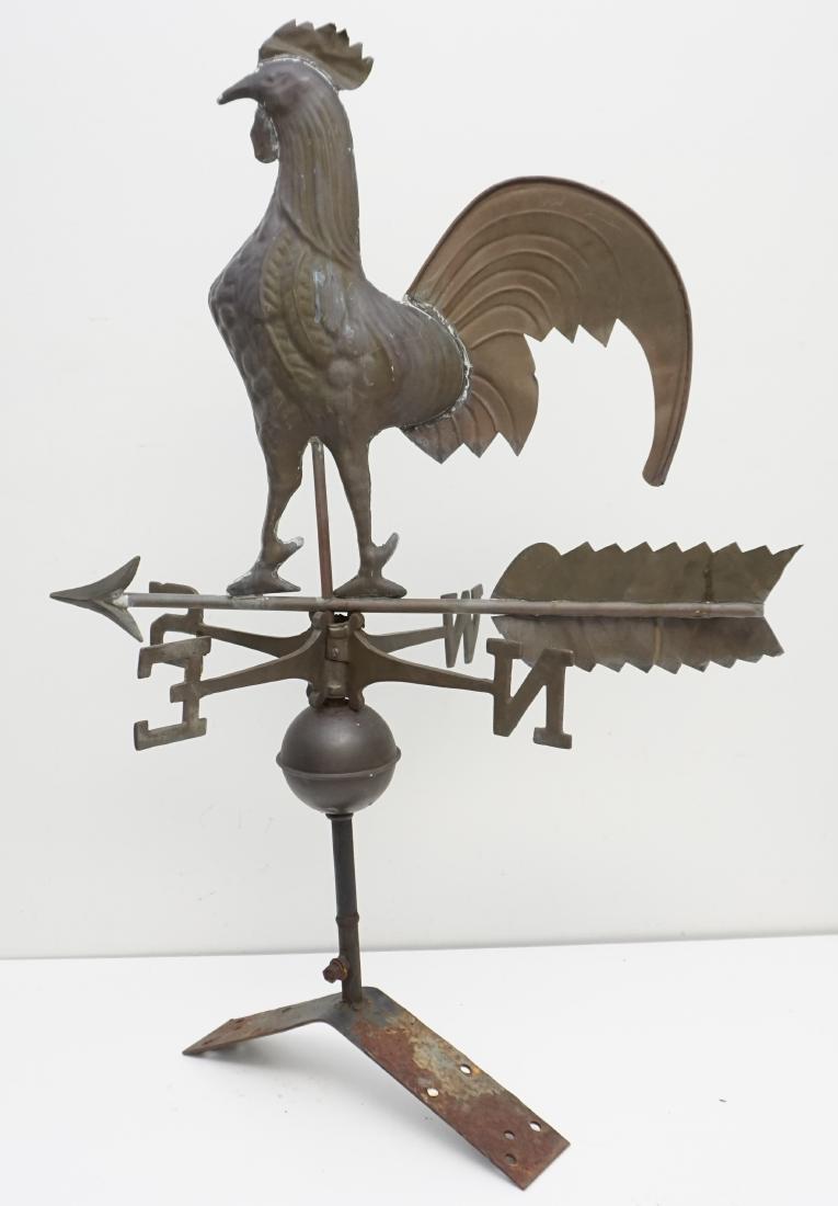 COPPER ROOSTER WEATHERVANE: 20th c. Vintage Rooster Copper Weathervane with Stand. Measures 25"x16"x37". **ALL FURNITURE & LARGE ITEMS MUST BE REMOVED BY THE FRIDAY FOLLOWING THE AUCTION (5 BUSINESS DAYS) OR STORAGE FEES OF $5.0