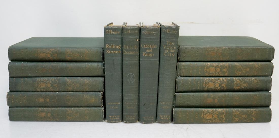 10 VOL EDGAR ALLAN POE + 4 VOL O. HENRY: 1- The works of Edgar Allan Poe by Harper & Brothers Ten volumes in the original green cloth with decorative gilt spines. Spines dulled, wear to all, some toning. c. 1915. 2- 4 volumes O Henry Doubled