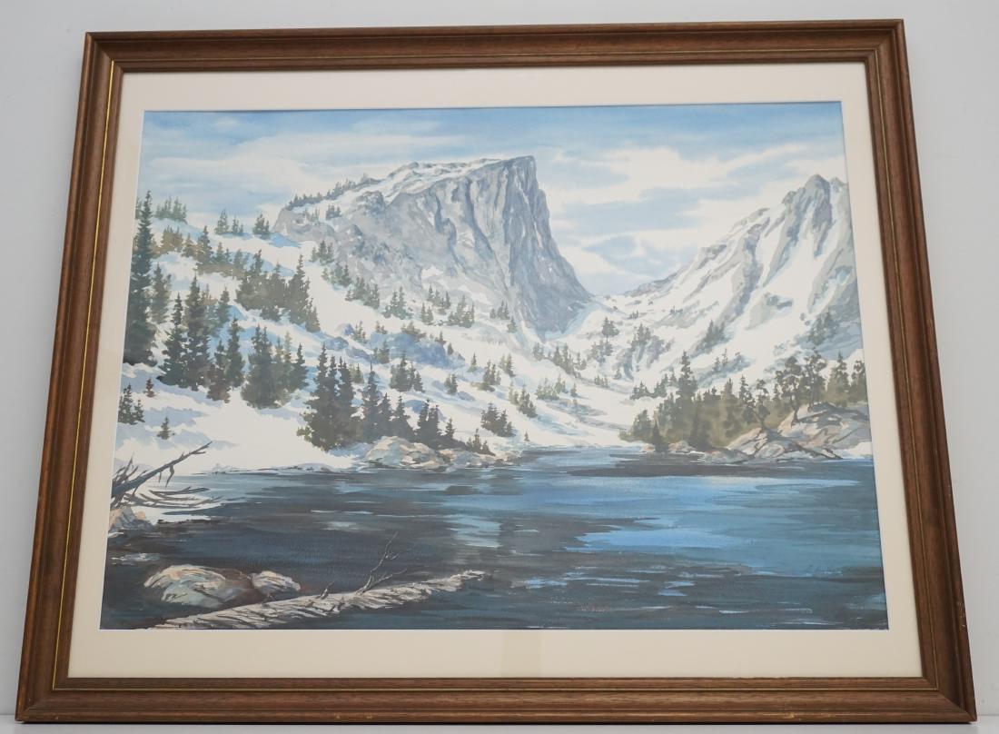 LARGE KRISTEN OLSEN WATERCOLOR: Large original watercolor pastel "Dream Lake and Hallett Peak" by international award winning artist, Kristen Olsen, PSA of Denver Colorado. In frame 32 1/2"x27"x1 1/4". Image 27 1/2"x21". Weight 14 p