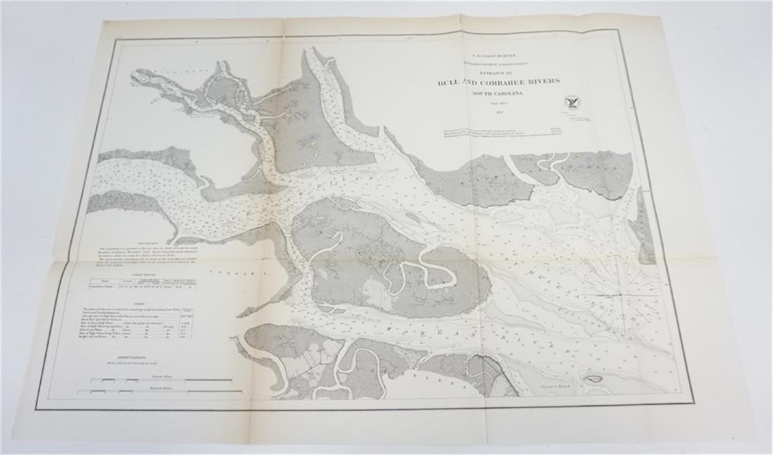1871 MAP OF BULLS BAY: Antique 1871 Map of the Entrance to Bull and Combahee Rivers, South Carolina. U.S. Coast survey Benjamin Peirce Superintendent entrance to Bull and Combahee rivers South Carolina 1871. This original n