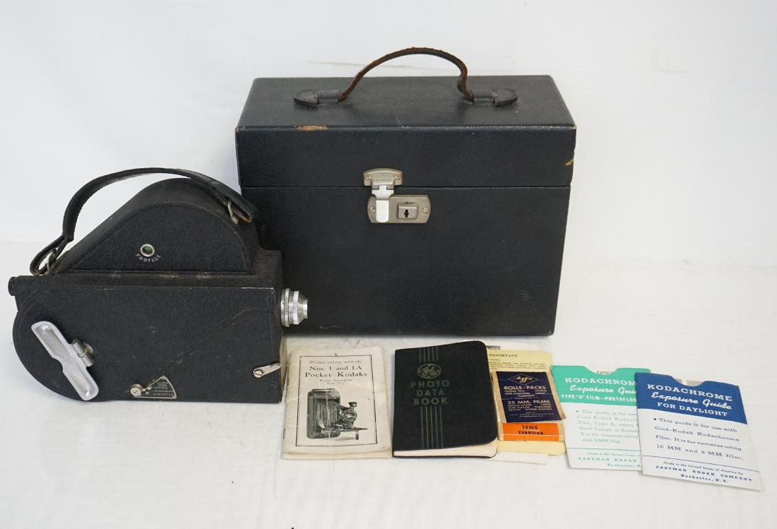 1936 CINE KODAK MOVIE CAMERA: Vintage 1936 Cine-Kodak Model E 16mm Movie Film Camera in the original case. This is a wind-up (crank) motor camera. Includes original instructions and photo data book, lens tissues, exposure guide an