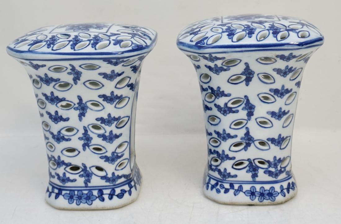 2 CHINESE BLUE + WHITE CANDLE HOLDERS: Two 20th c. Blue & White Porcelain Candle Holders. Pieced sides and top, hand painted florals. Each 6"x6"x7 1/2". Weight 5 pds 6 oz. PROVENANCE: A Pawleys Island SC Private Estate.