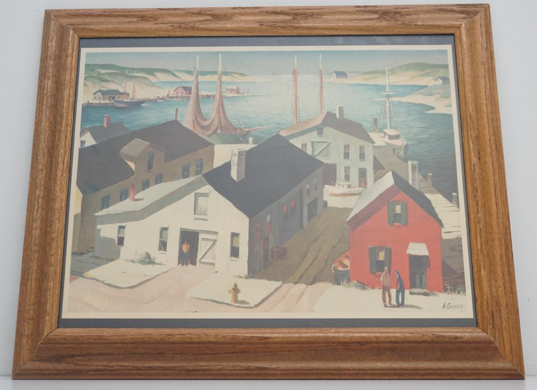 HENRY GASSER (1909-1981) DOCKS PRINT: Henry Martin Gasser Vintage Print in Oak Frame. Docks with Fish Houses. Measures 17 1/2"x22"x2". Weight 4 pds 9 oz. Painter, lecturer, teacher, illustrator and author, Henry Martin Gasser was born in 
