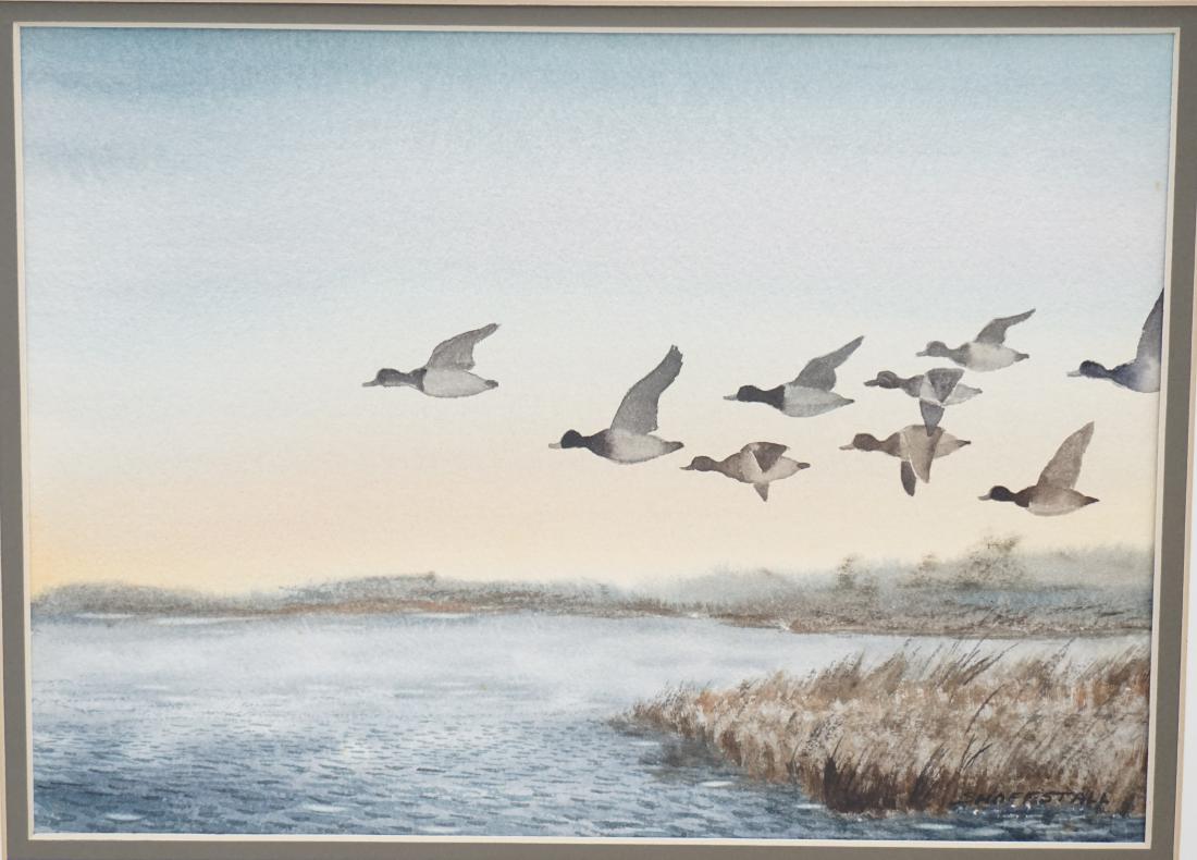 DON 'DOC' SHOFFSTALL WATERCOLOR: Vintage Watercolor by American Wildlife Artist and Veterinarian Don "Doc" Shoffstall (1922-1981). Ducks in Flight at Dawn. Image 15"x11" with mat 20"x16". To ship 1 pd.PROVENANCE: From the Estate of A