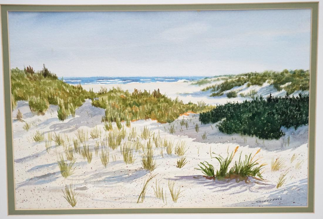 DON 'DOC' SHOFFSTALL WATERCOLOR: Vintage Coastal Dunes Atlantic Watercolor by American Wildlife Artist and Veterinarian Don "Doc" Shoffstall (1922-1981). Image 14"x21". With Mat 21"x28".Weight 2 pds. PROVENANCE: From the Estate of Am
