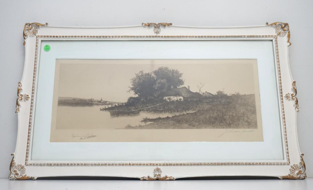 JAMES TYROLER NEW YORK 1902 ENGRAVING: Antique 1902 Etching published by James Tryoler, New York. With remarque and illigible pencial signatures. In white and gilt wood frame. Measures 30 1/2"x17 1/2"x1". Weight 8 pds. PROVENANCE: A Charle