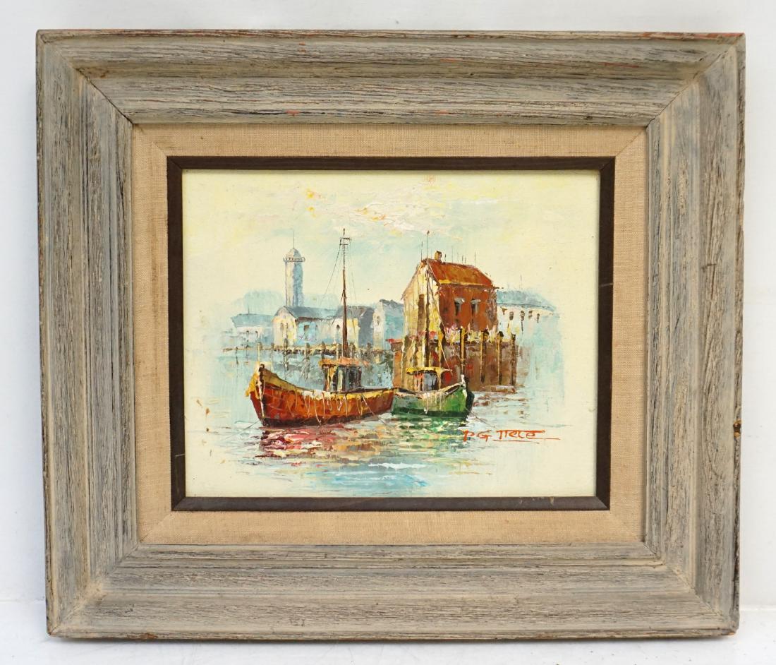MID CENTURY OIL P.G. TIELE - HARBOR: Mid Century Impressionist Oil on Canvas by Italian artist P.G. Tiele. Fishing Boats and Docks. In wood frame with linen liner 16"x14"x1 1/4" Weight 1 pd 14 oz. PROVENANCE: A Private Charleston SC Esta