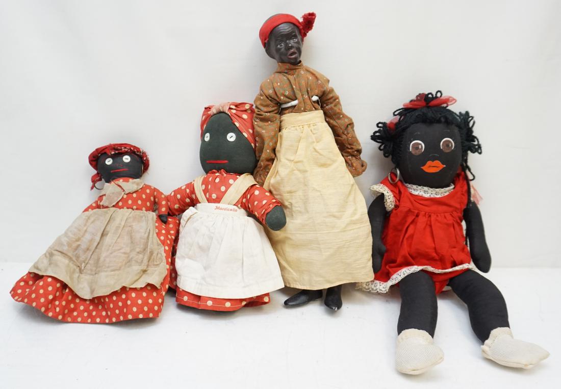 4 BLACK AMERICANNA DOLLS: 1- Topsy Turvey Doll Rag Doll. 11". 2- Monticello Mammy Doll 11". 3- Black Cloth Doll Painted Face. 16". 4- Porcelain Collectors Doll Porcelain head, feet and hands, cloth body 15". Weight on all 2 pd