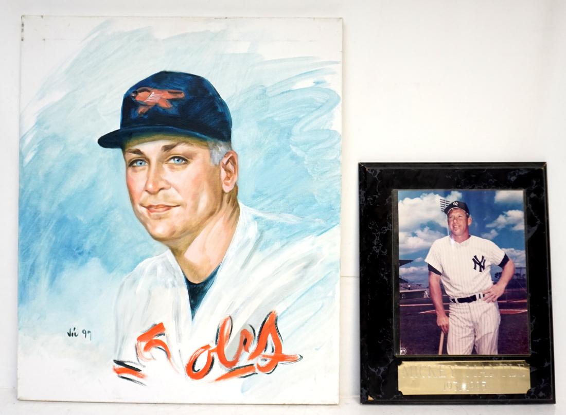 CAL RIPKIN PORTRAIT + MICKEY MANTLE PHOTO: 1- Original Cal Ripkin Portrait on Canvas. Measures 20"x24". Calvin Edwin Ripken Jr., nicknamed "The Iron Man", is an American former baseball shortstop and third baseman who played 21 seasons in Majo