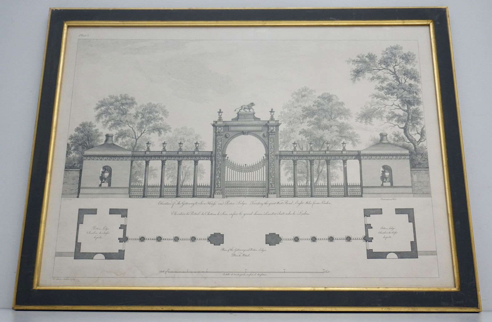 ROBERT ADAM ENGRAVING SION GATEWAY: An elegant antique engraving of the design for a gateway and porters lodge at Sion House in West London with Architectural elevations. Engraving, by J. Roberts.Purchased in London c. 1950s. In frame u