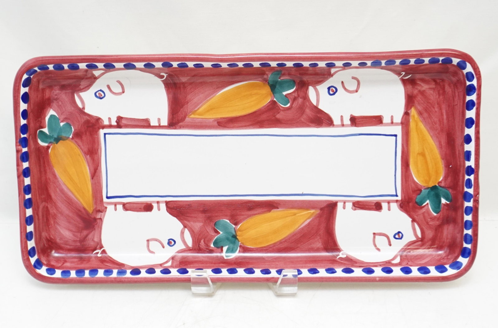 VIETRI CAMPAGNA PIG PORCO SERVING PLATTER / TRAY: Vietri Campagna Pig (Porco) Rectangular Serving Platter. Pigs On Red Border, Blue Dots. Vietri's flagship dinnerware collection, Campagna is hand painted by skilled artisans on the Amalfi Coast. These