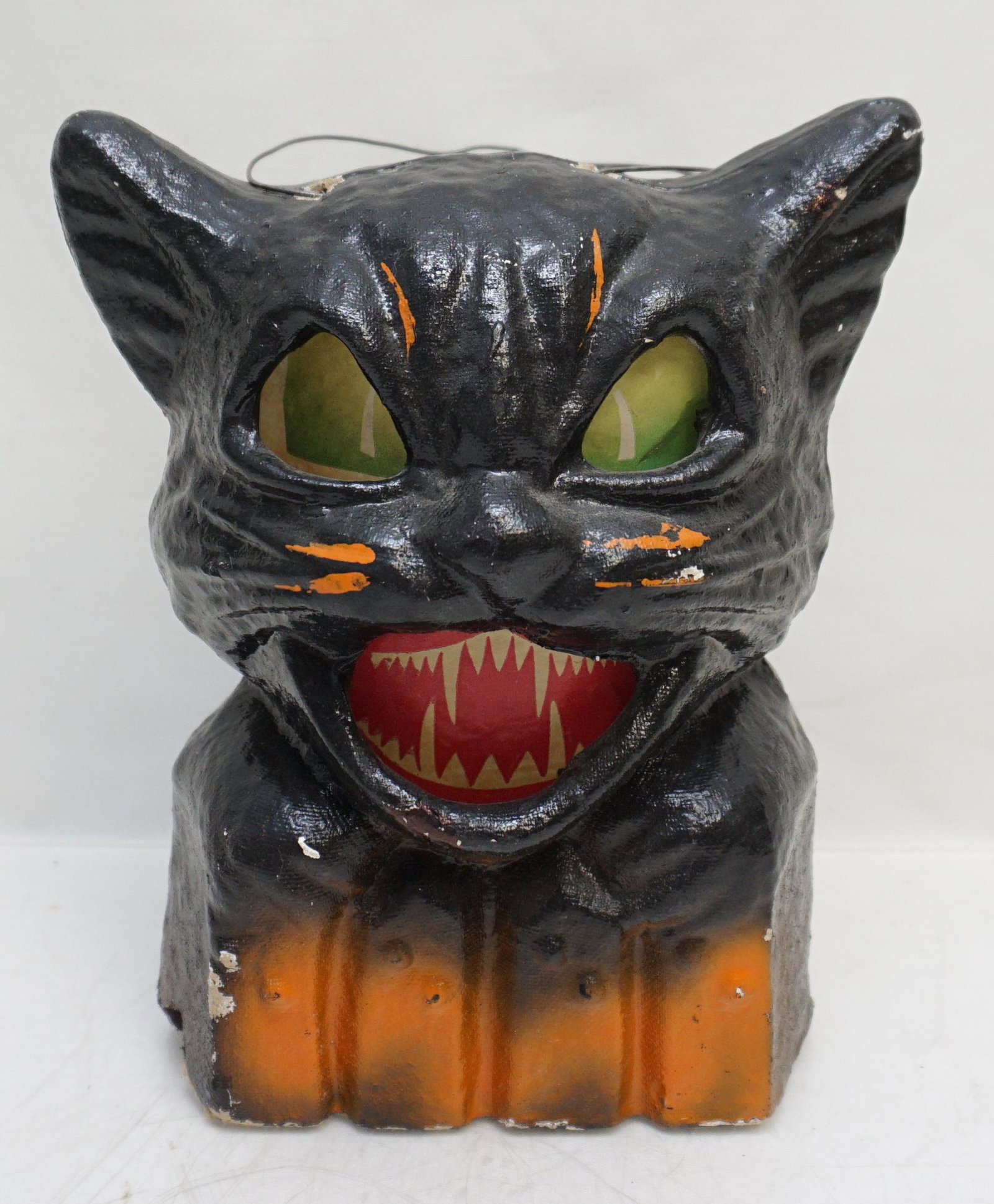 VINTAGE HALLOWEEN PRESSED PAPER BLACK CAT LANTERN: Vintage 1940's Black Cat on Fence Halloween Lantern, made with Pulp / Pressed Paper. Original paper insert. Perfect for October. Approximately 7 1/2 inches tall, 6 inches wide, 5 inches deep. Weight 4