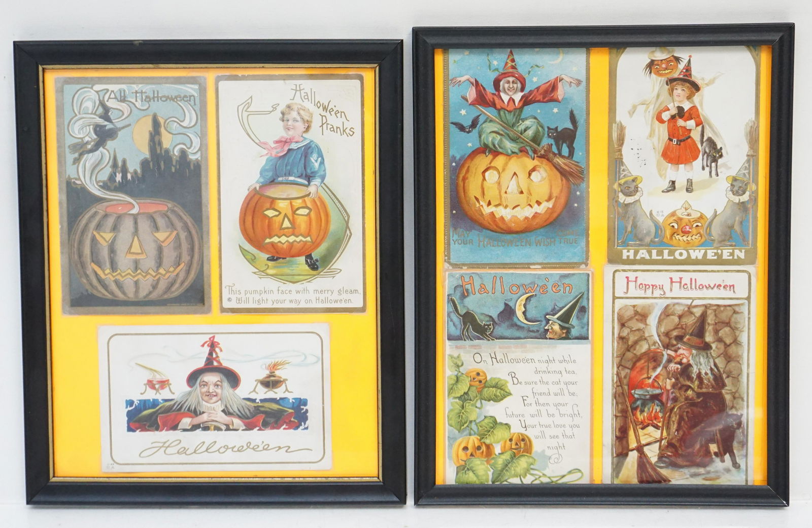 7 ANTIQUE HALLOWEEN POSTCARDS FRAMED: Seven Antique Late Victorian Halloween Postcards all are c. 1900-1915. Framed in 2 Frames. All in good condition. Perfect for October. Framed under glass. Measures 8 3/4"x11". Weight 1 pd 12 oz. PROVE