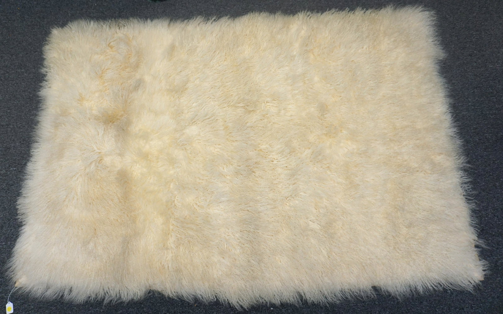 LARGE MONGOLIAN LAMB FUR THROW: Large Mongolian Lamb Throw / Rug from Fun with Furs in Chicago. Measure 45"x70". Lined in a fawn color velveteen. Good condition. Weight 5 pds 6 oz. . PROVENANCE: A Private Charleston SC Estate