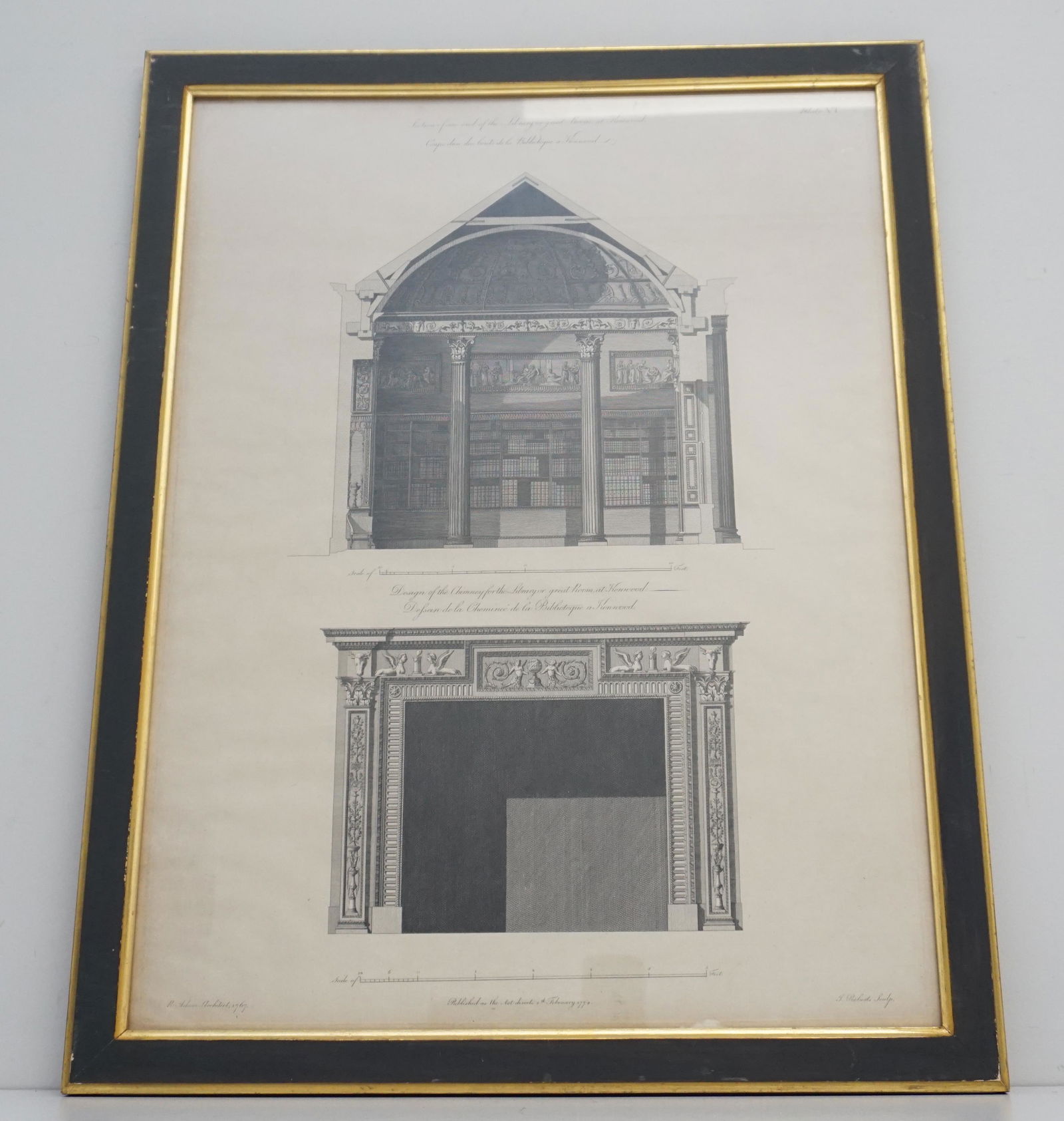 ROBERT ADAM ENGRAVING KENWOOD LIBRARY: An elegant antique engraving of one end of the Library or great Room, at Kenwood. Design of the Chimney for the Library or great Room, at Kenwood. Engraving, by J. Roberts. Purchased in London c. 1950
