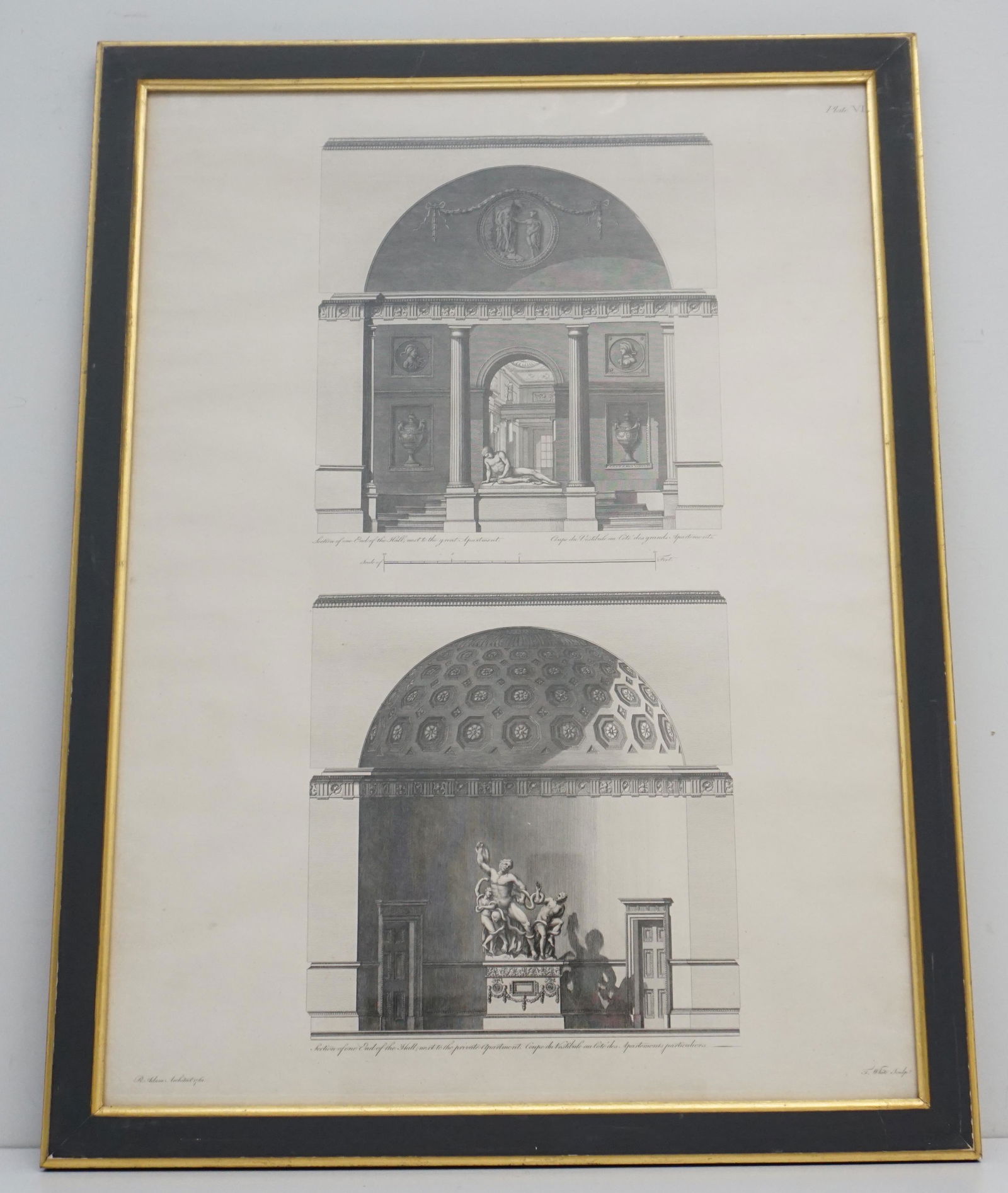 ROBERT ADAM ENGRAVING KENWOOD LIBRARY: An elegant antique engraving of one end of the hall, next to the Great Apartment. Section of one end of the hall next to the Private Apartment. Engraving, by F. White. Purchased in London c. 1950s. In
