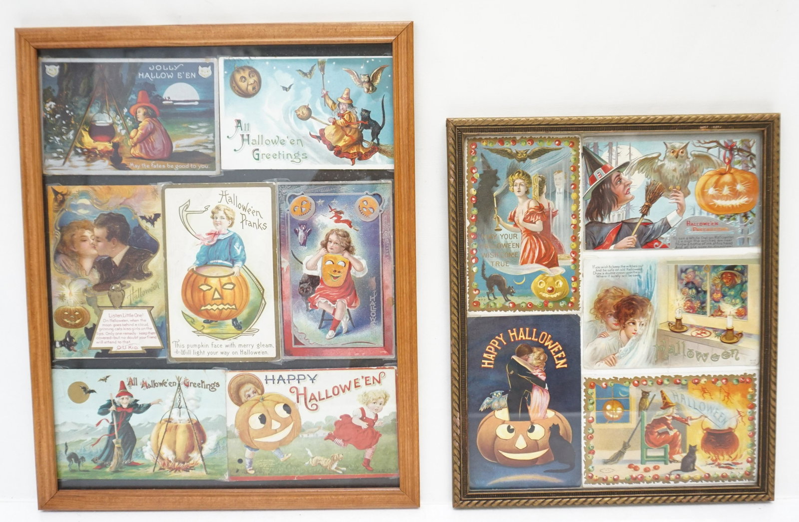 12 ANTIQUE HALLOWEEN POSTCARDS FRAMED: Twelve Antique Late Victorian Halloween Postcards all are c. 1900-1925. Framed in 2 frames. All in good condition, minor wear. Perfect for October. Framed in wood frames under glass. Measures 10"x12" 