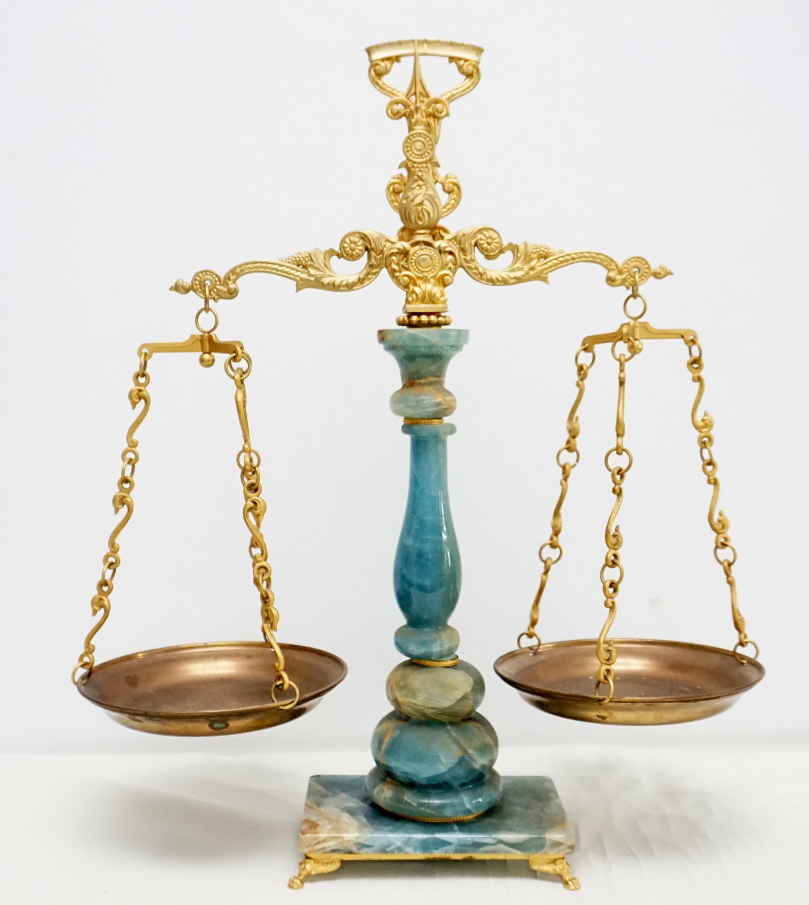 ORMOLU MOUNTED BLUE OYX BALANCE SCALE: Ormolu Mounted Blue Green Onyx Balance Scale. Measures 20"x7"x23". Weight 13 pds.