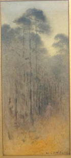 ALICE RAVENEL HUGER SMITH WATERCOLOR: Alice Ravenel Huger Smith (1876-1958) Original Watercolor on Watercolor Board. Pinewoods swamp with woman on path. Board 9"x22". In Frame under glass measures 16"x29"x 3/4". Weight 5 pds. PROVENANCE: