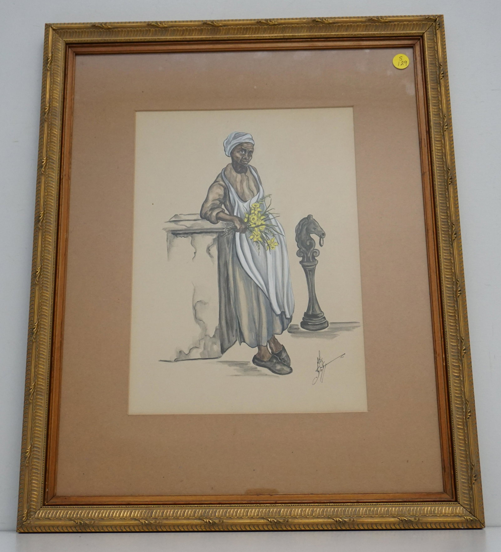 ALICE SCOTT CHARLESTON FLOWER SELLER: Alice Scott Original Flower seller, 1945, signed "Alice Scott", lower right, gouache on card, 14 x 10 inch in modern gilt frame, 23 x 18-1/2 in. Weight 4 pds 2 oz. PROVENANCE: A Charleston SC Private 
